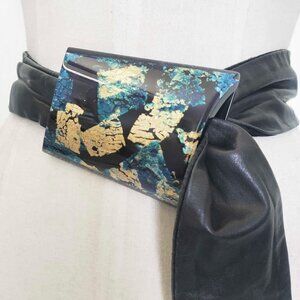 Vintage 80s Womens Signed Black Leather Huge Plastic Buckle Gold Blue Aquamarine